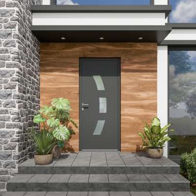 Porte d'entrée ALU gris 7016 1 vantail sur mesure avec 3 parties vitrées vue depuis l'extérieur