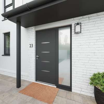 Porte d'entrée ALU gris 7016 1 vantail sur mesure avec 4 profils de décors vue depuis l'extérieur