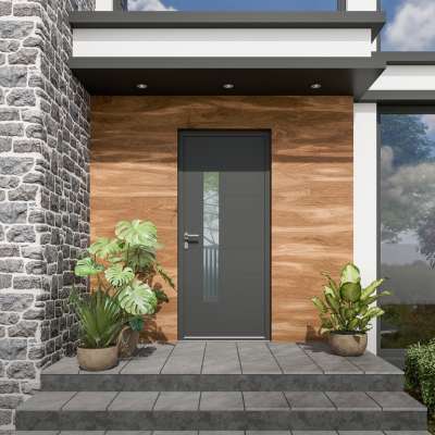 Porte d'entrée ALU gris 7016 1 vantail sur mesure avec partie vitrée et profils de décors vue depuis l'extérieur