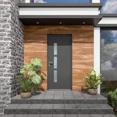 Porte d'entrée ALU gris 7016 1 vantail sur mesure avec 3 parties vitrées d'un coté vue depuis l'extérieur