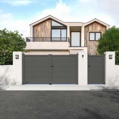 Portillon aluminium sur mesure gris 7016 avec lames de 20cm vue depuis l'extérieur