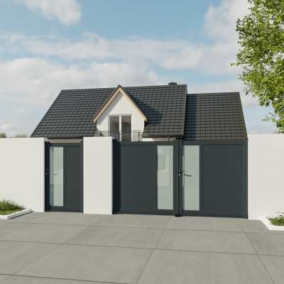 Portillon aluminium sur mesure gris 7016 avec lames de 20cm et profils de décors vue depuis l'extérieur