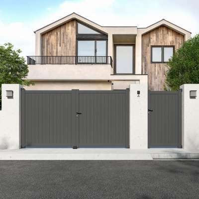 Portillon aluminium sur mesure avec lames verticales de 10 cm vue depuis l'extérieur