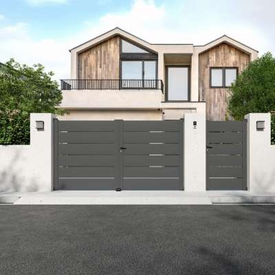 Portail aluminium battant sur mesure avec lames ajourées vue depuis l'extérieur