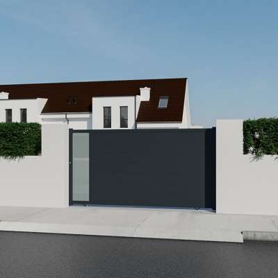 Portail coulissant aluminium gris anthracite à lames horizontales de 20cm et partie vitrée vue depuis l'extérieur