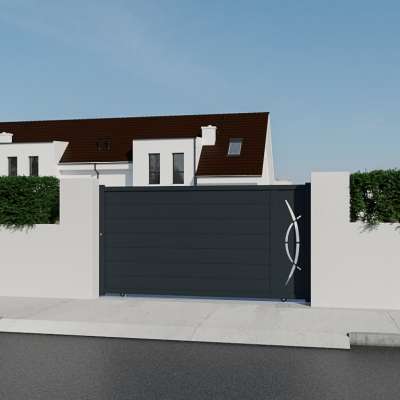 Portail aluminium coulissant sur mesure gris 7016 avec décor d'un coté vue depuis l'extérieur