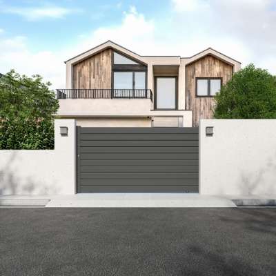 Portail aluminium coulissant avec lames de 10 cm vue depuis l'extérieur