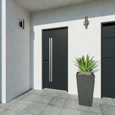 Porte d'entrée acier 1 vantail sur mesure gris 7016 avec 2 profils de décor vue depuis l'extérieur