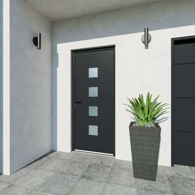 Porte d'entrée acier 1 vantail sur mesure gris 7016 avec 4 parties vitrées vue depuis l'extérieur