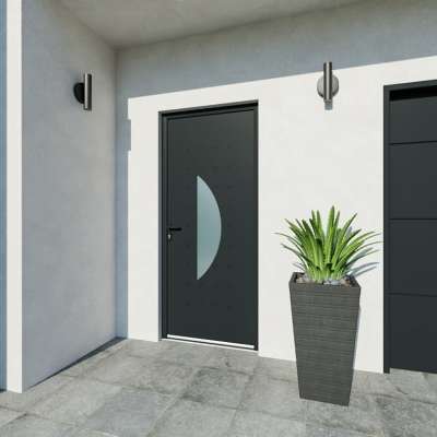 Porte d'entrée acier 1 vantail sur mesure gris 7016 avec une partie vitrée au centre et moulures extérieures vue depuis l'extérieur