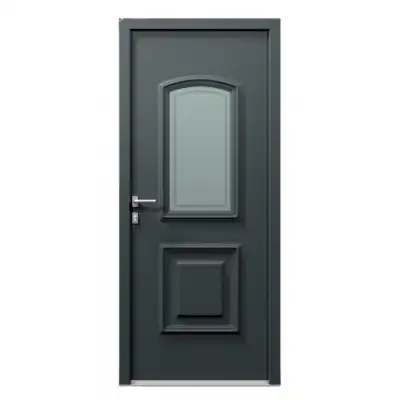 Porte d'entrée PVC gris 7016 1 vantail sur mesure avec moulures et partie vitrée