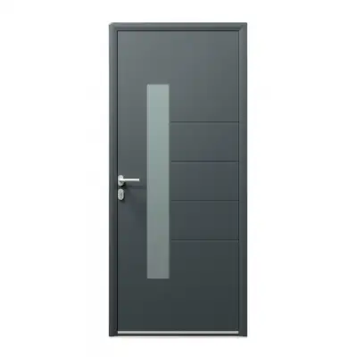 Porte d'entrée ALU gris 7016 1 vantail sur mesure avec partie vitrée et profils de décors
