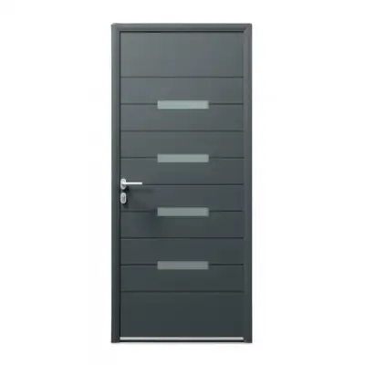 Porte d'entrée ALU gris 7016 1 vantail sur mesure avec 4 parties vitrées et profils de décors
