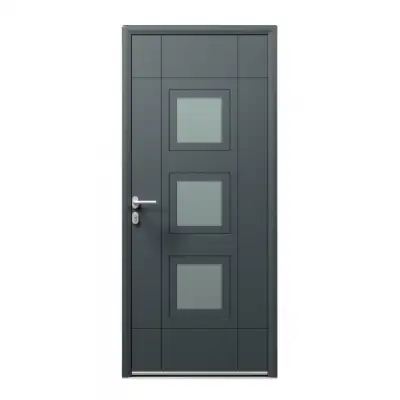 Porte d'entrée ALU gris 7016 1 vantail sur mesure avec 3 parties vitrées type hublot