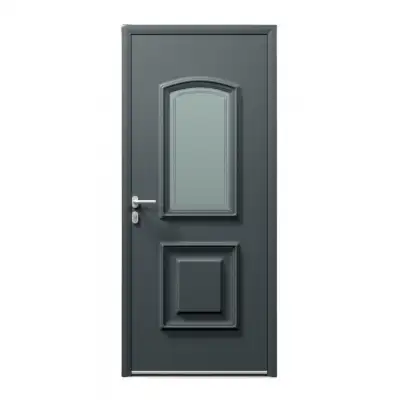 Porte d'entrée ALU gris 7016 1 vantail sur mesure avec moulures et partie vitrée