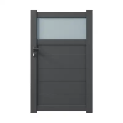 Portillon aluminium sur mesure gris 7016 avec lames de 20cm et partie haute vitrée