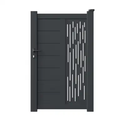Portillon aluminium sur mesure gris 7016 avec lames de 20cm et profils de décors d'un coté