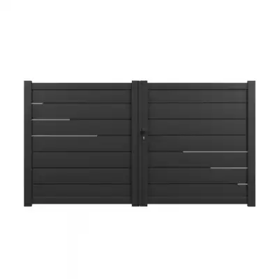 Portail battant ALU gris anthracite à lames horizontales avec inserts inox