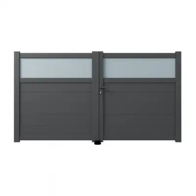 Portail aluminium battant sur mesure gris 7016 avec lames de 20cm et partie haute vitrée