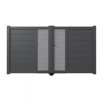 Portail aluminium battant sur mesure gris 7016 avec décor au centre