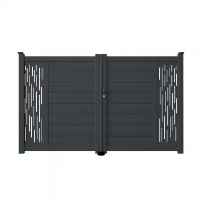 Portillon aluminium sur mesure gris 7016 avec lames de 20cm et profils de décors d'un coté