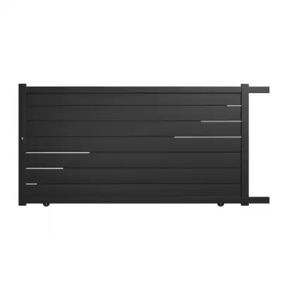 Portail coulissant aluminium gris anthracite à lames horizontales avec inserts inox