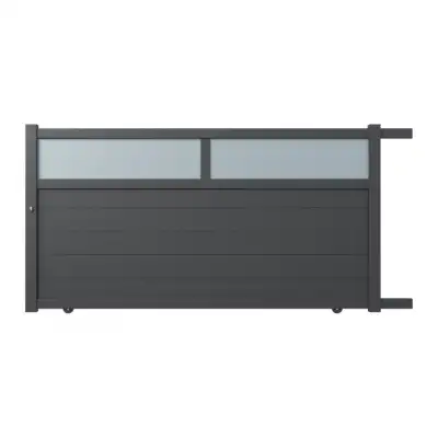 Portail aluminium coulissant sur mesure gris 7016 avec lames de 20cm et partie haute vitrée
