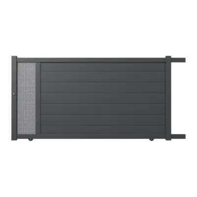 Portail aluminium battant sur mesure gris 7016 avec décor au centre