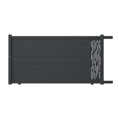 Portail aluminium coulissant sur mesure gris 7016 avec décor d'un coté