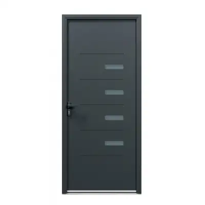 Porte d'entrée acier 1 vantail sur mesure gris 7016 avec parties vitrées et moulures
