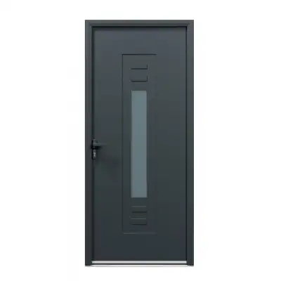 Porte d'entrée acier 1 vantail sur mesure gris 7016 avec une partie vitrée et moulures