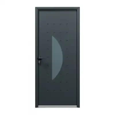 Porte d'entrée acier 1 vantail sur mesure gris 7016 avec une partie vitrée au centre et moulures extérieures