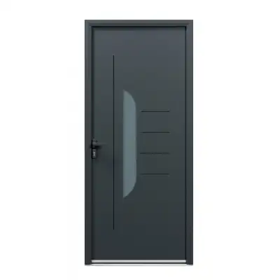Porte d'entrée acier 1 vantail sur mesure gris 7016 avec une partie vitrée au centre et des moulures extérieures