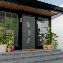 Porte d'entrée PVC gris 7016 1 vantail sur mesure avec 3 parties vitrées vue depuis l'extérieur
