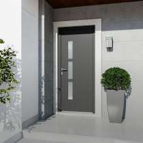 Porte d'entrée PVC gris 7016 1 vantail sur mesure avec 3 parties vitrées d'un coté vue depuis l'extérieur