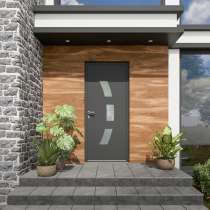 Porte d'entrée ALU gris 7016 1 vantail sur mesure avec 3 parties vitrées vue depuis l'extérieur