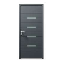 Porte d'entrée ALU gris 7016 1 vantail sur mesure avec 4 parties vitrées et profils de décors