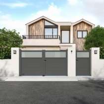 Portail aluminium battant sur mesure gris 7016 avec lames de 20cm et partie haute vitrée vue depuis l'extérieur