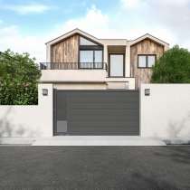 Portail aluminium battant sur mesure gris 7016 avec décor au centre vue depuis l'extérieur
