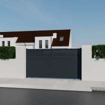 Portail coulissant aluminium sur mesure gris 7016 avec lames de 10cm vue depuis l'extérieur