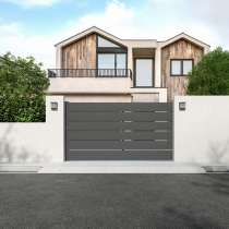 Portail aluminium coulissant sur mesure avec lames ajourées vue depuis l'extérieur
