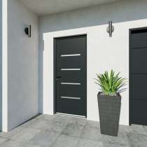 Porte d'entrée acier 1 vantail sur mesure gris 7016 avec 4 profils de décor vue depuis l'extérieur