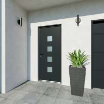 Porte d'entrée acier 1 vantail sur mesure gris 7016 avec 4 parties vitrées vue depuis l'extérieur