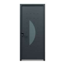 Porte d'entrée acier 1 vantail sur mesure gris 7016 avec une partie vitrée au centre et moulures extérieures