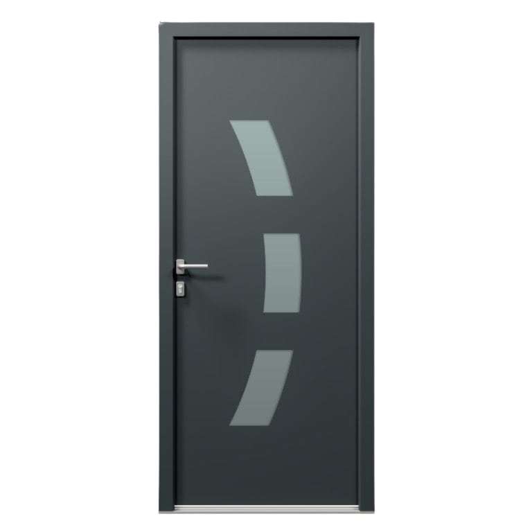 Porte d'entrée PVC gris 7016 1 vantail sur mesure avec 3 parties vitrées