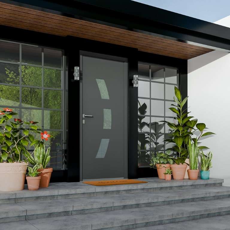 Porte d'entrée PVC gris 7016 1 vantail sur mesure avec 3 parties vitrées vue depuis l'extérieur