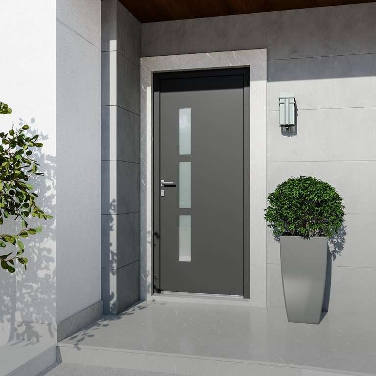 Porte d'entrée PVC gris 7016 1 vantail sur mesure avec 3 parties vitrées d'un coté vue depuis l'extérieur