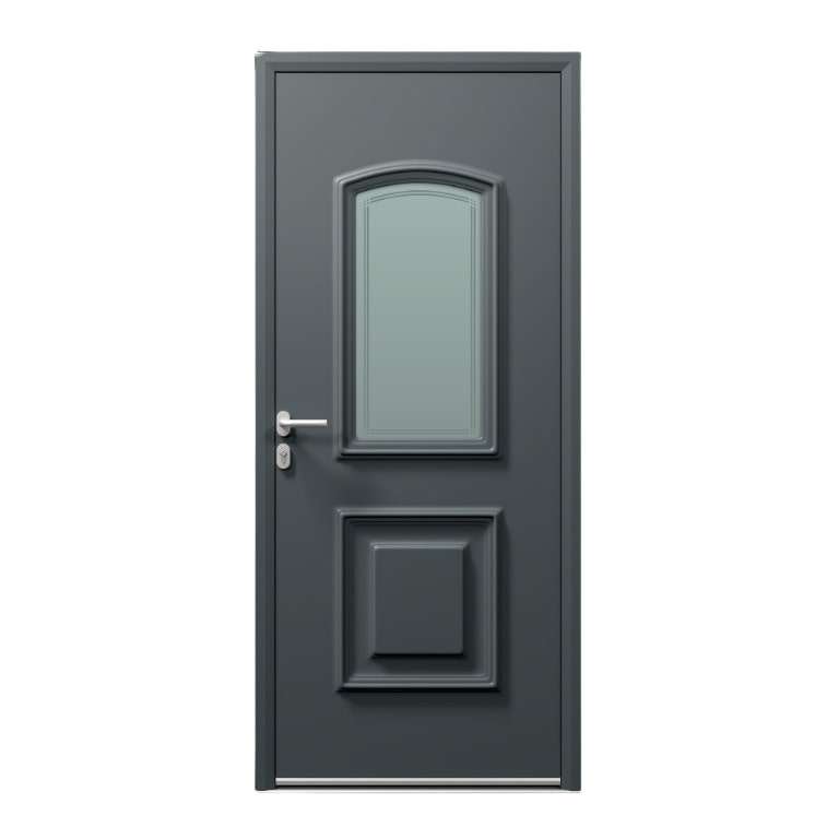 Porte d'entrée ALU gris 7016 1 vantail sur mesure avec moulures et partie vitrée