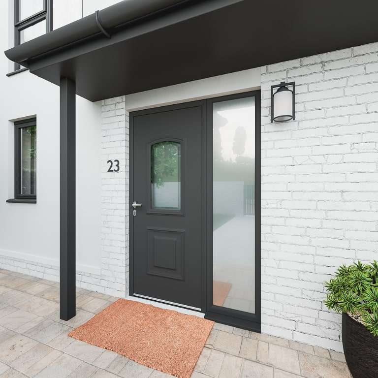 Porte d'entrée ALU gris 7016 1 vantail sur mesure avec moulures et partie vitrée vue depuis l'extérieur