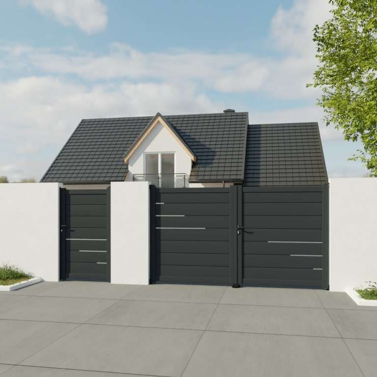 Portillon aluminium sur mesure gris 7016 avec lames de 20cm et vitrage sablé vue depuis l'extérieur
